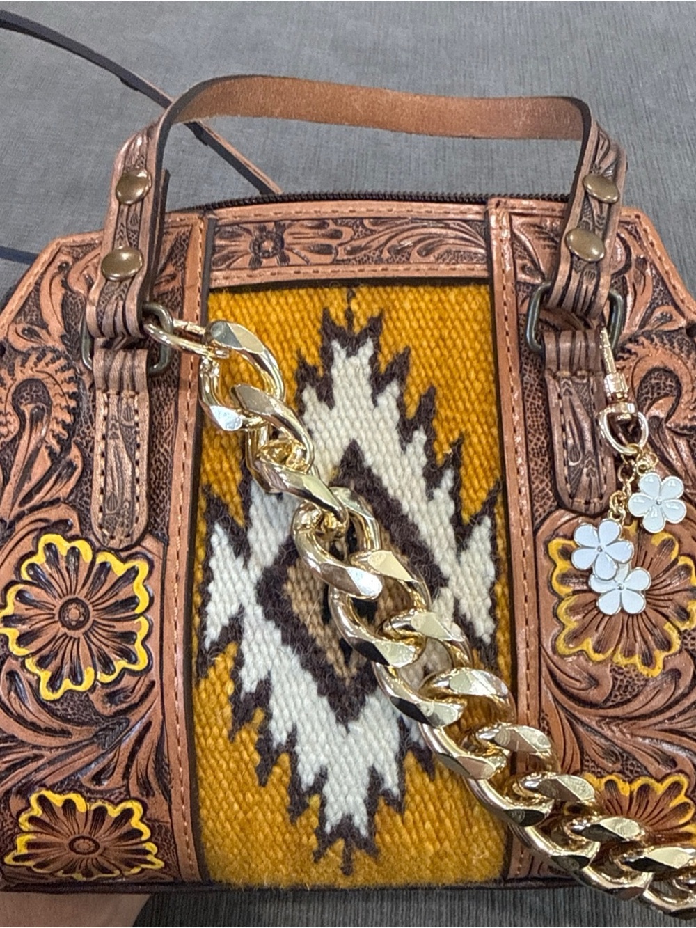 Tooled Leather Shoulder Bag with Mustard Woven Panel and Gold Chain